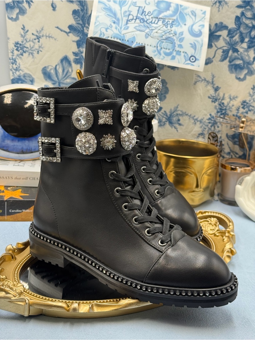 🆕 KURT GEIGER LONDON 🧿 NWOB Stoop Black Leather Combat Boot, Crystal Sz 37 US7